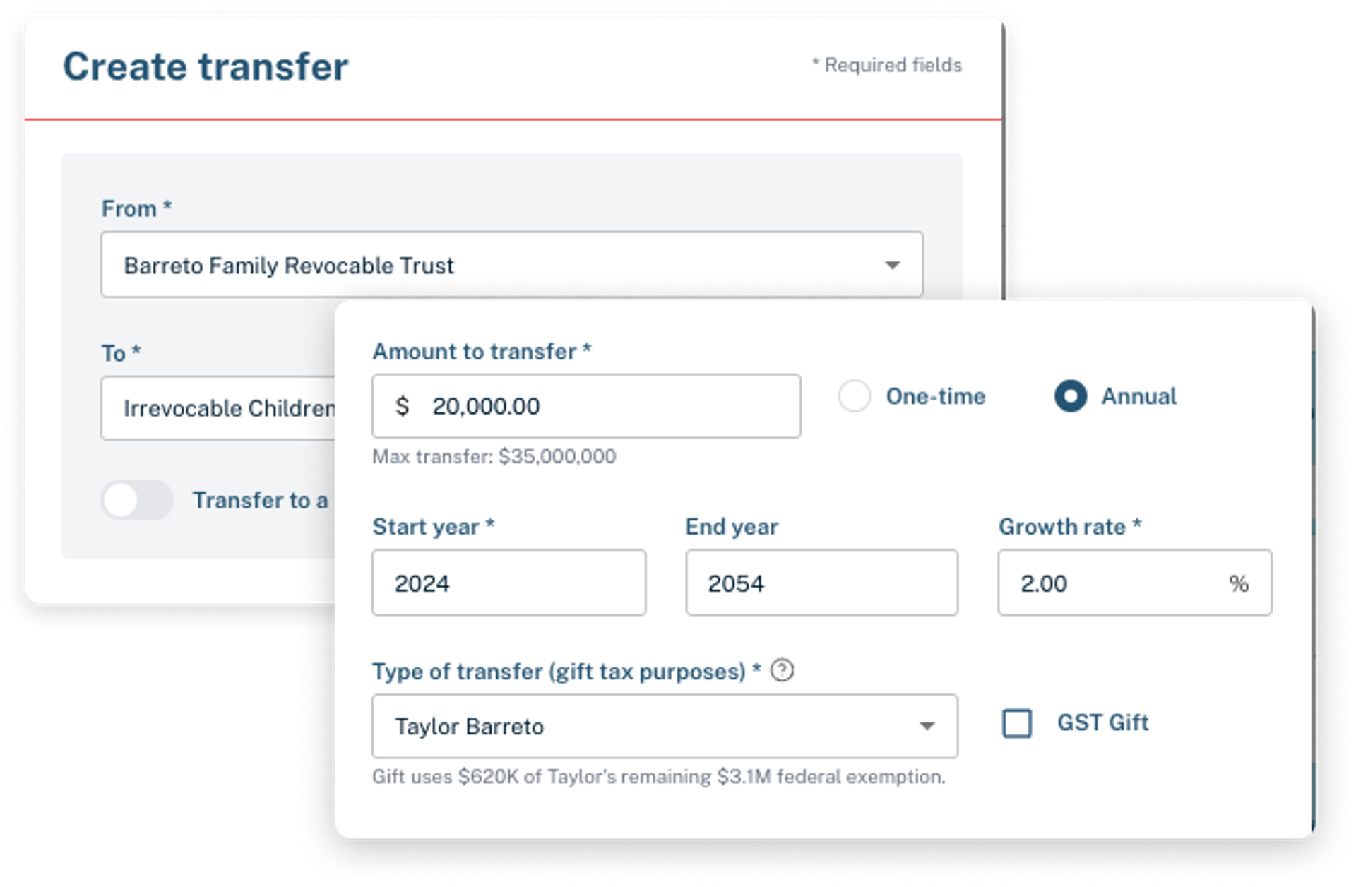 Model recurring hypothetical transfers into the future