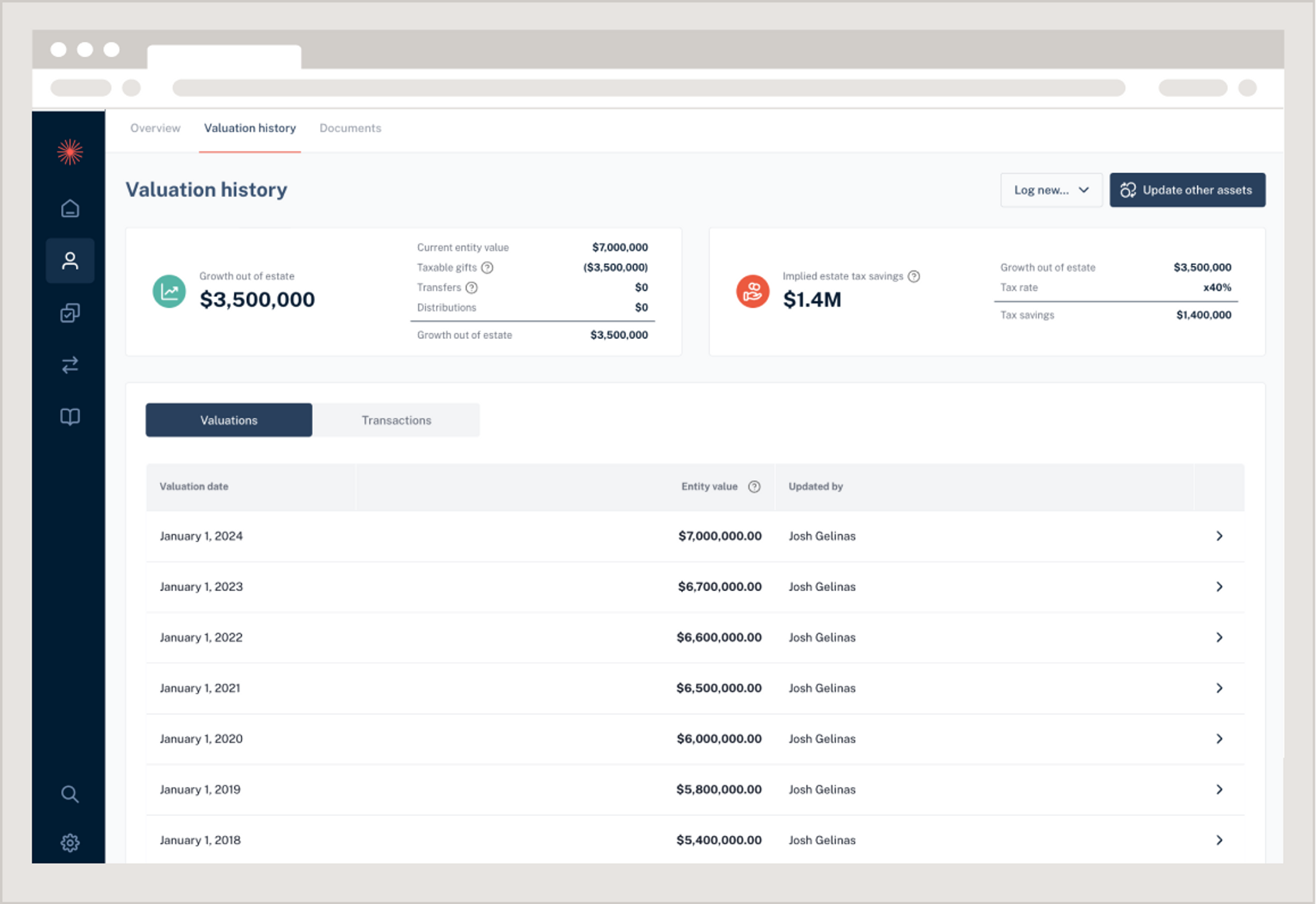 Luminary makes valuation updates an auditable history of gifts, distributions, and transactions. 