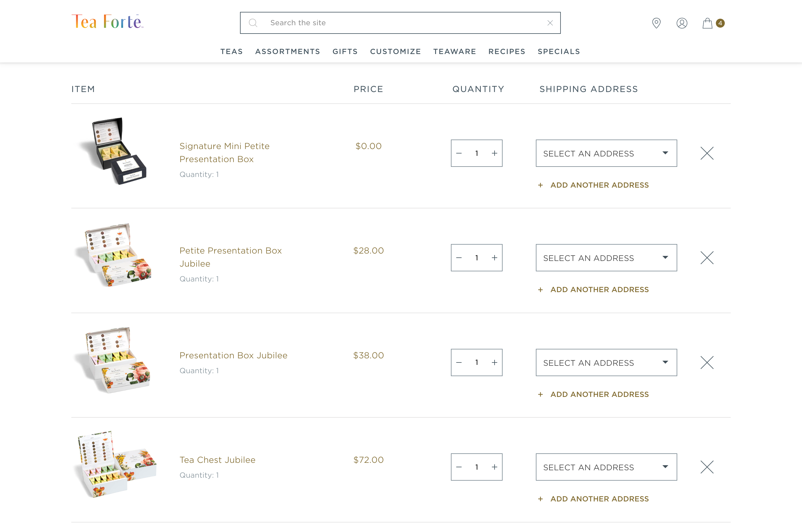 teaforte cart with multiple shipping addresses