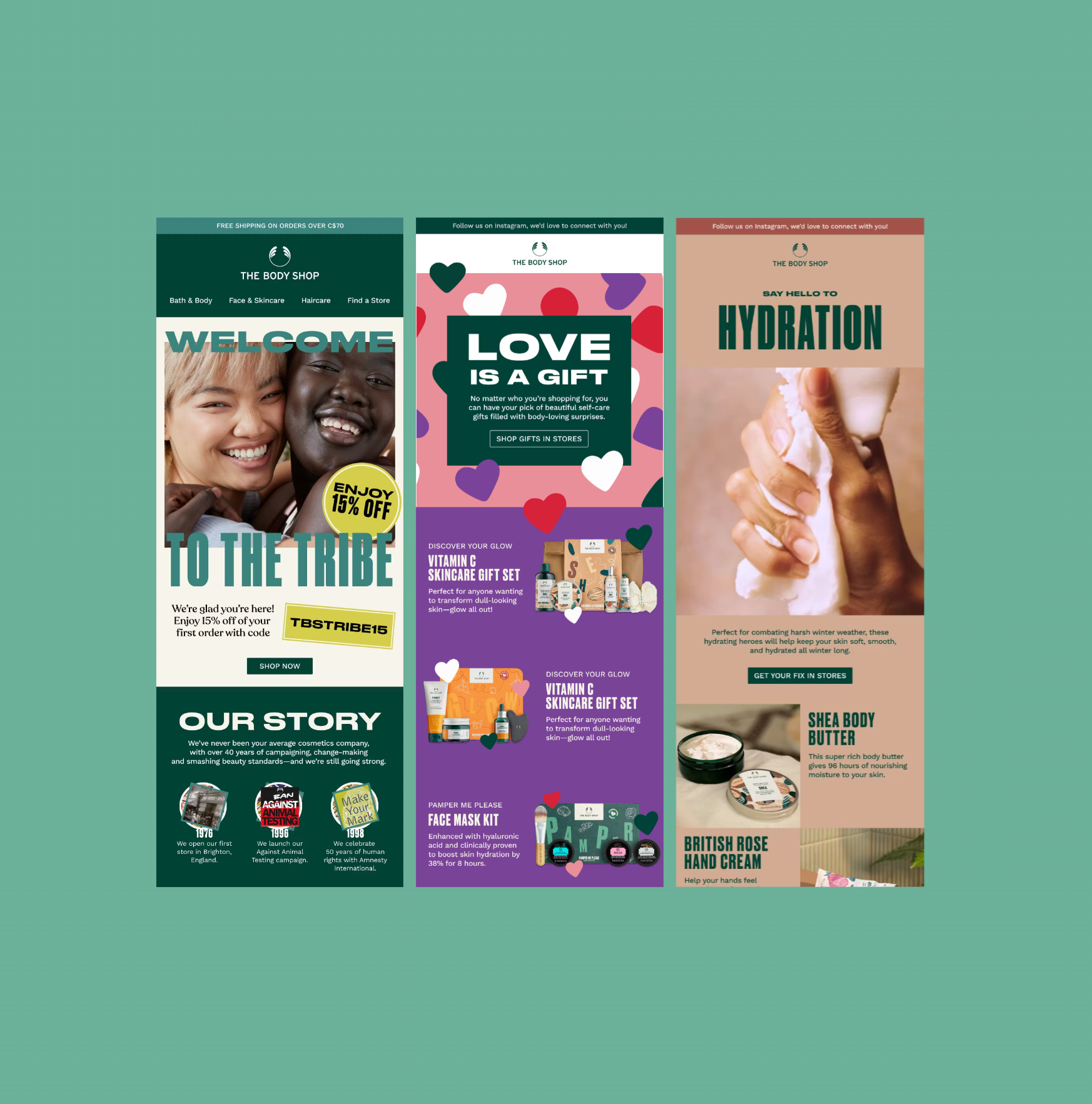3 Body Shop email campaigns on a green background
