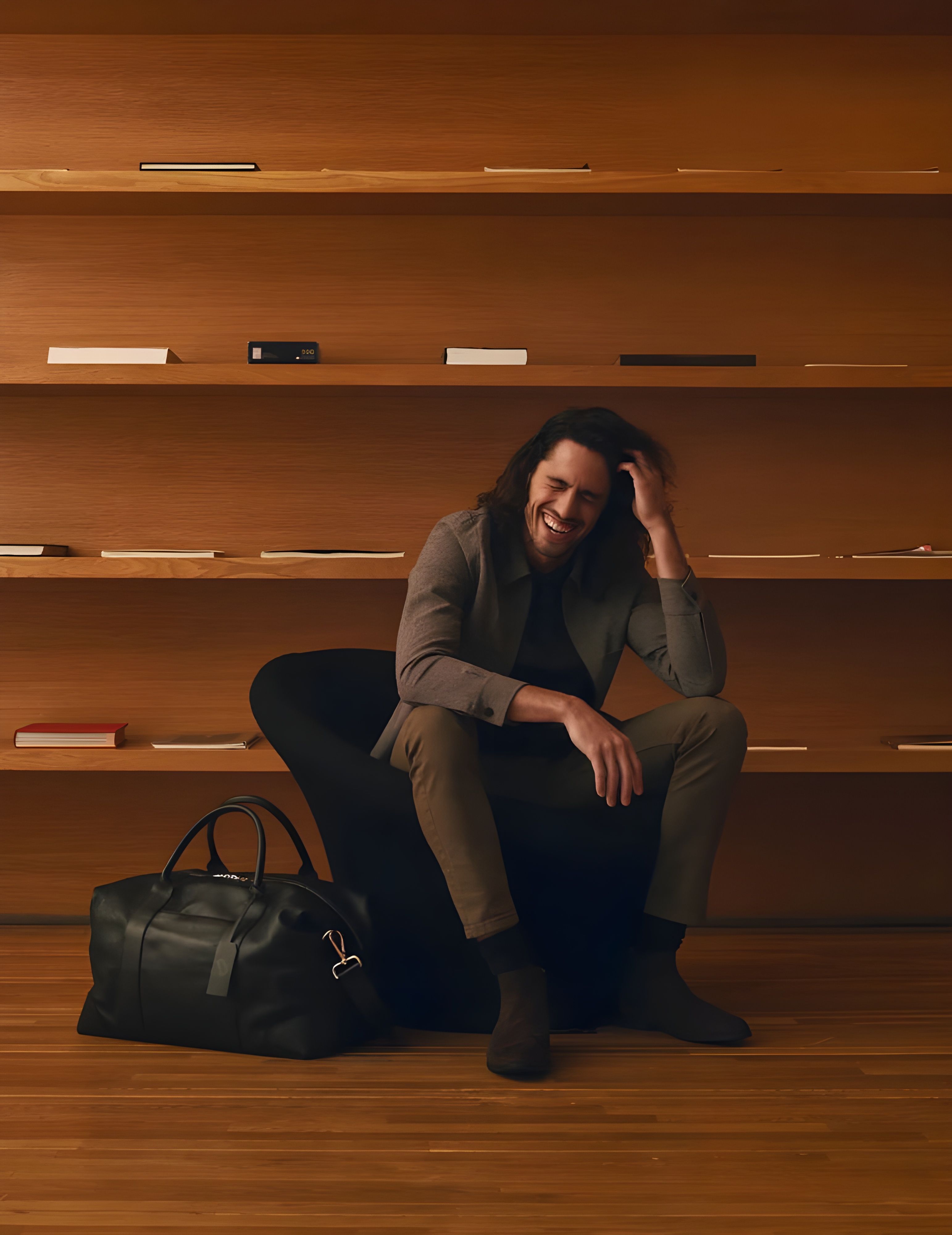 Man with leather bag in front of wooden bookshelf