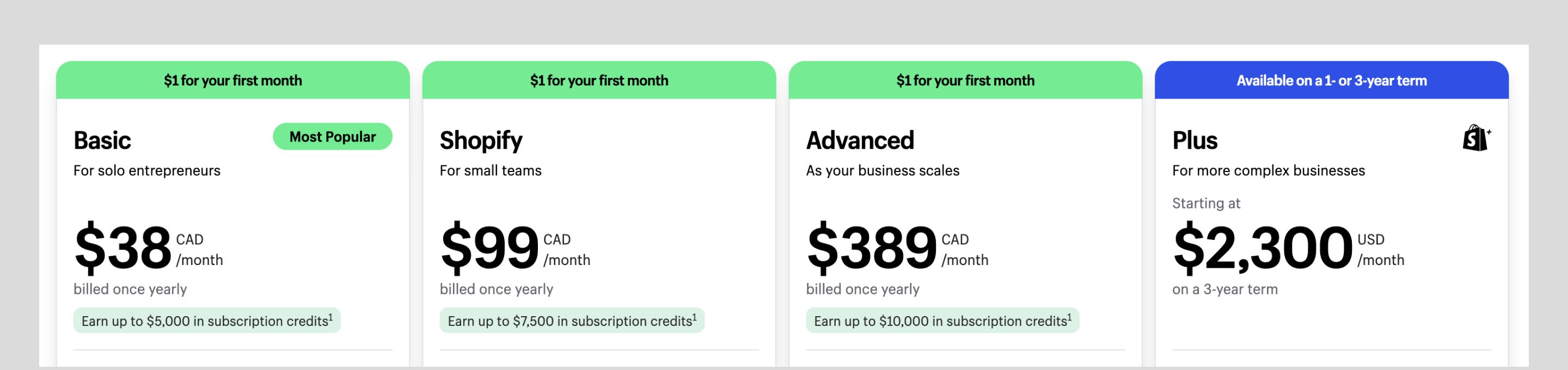 shopify pricing overview