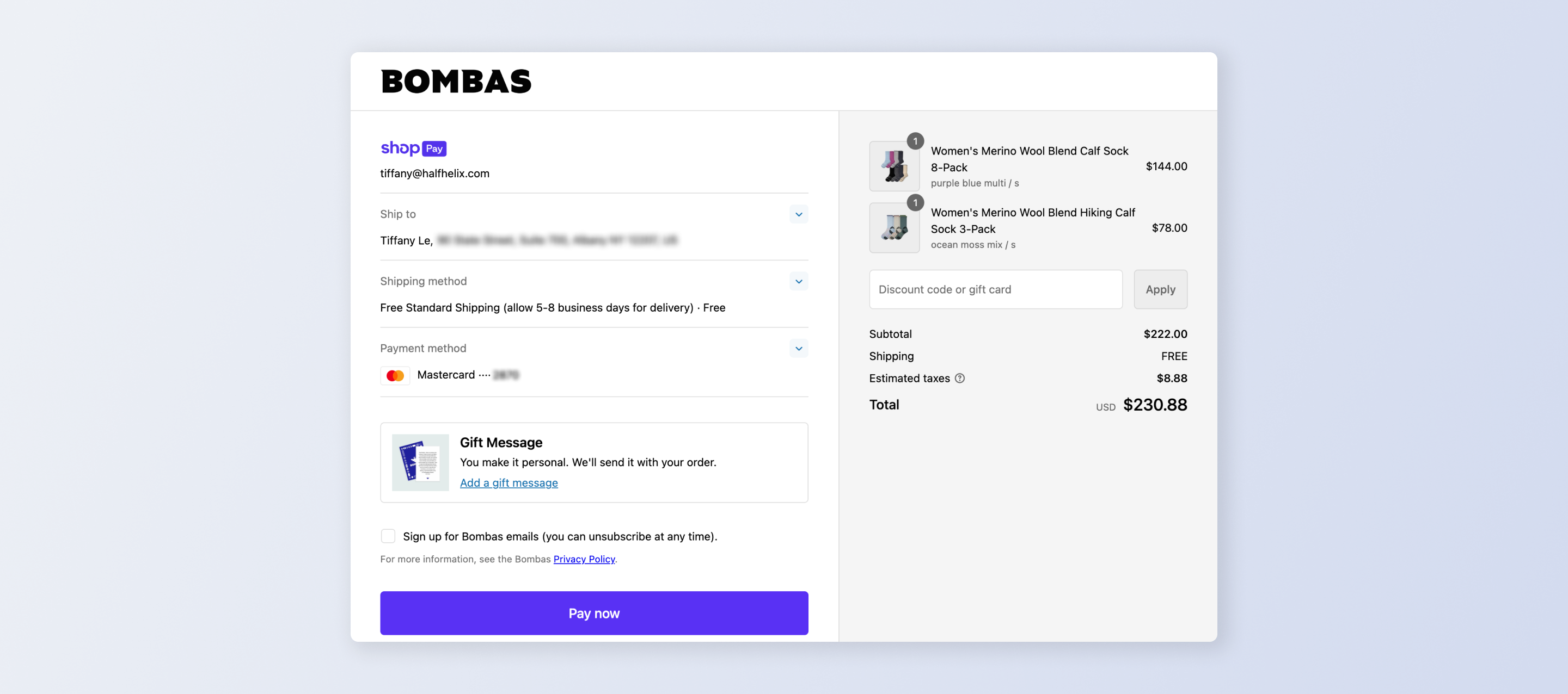 Screenshot of Bombas checkout with gift messaging feature
