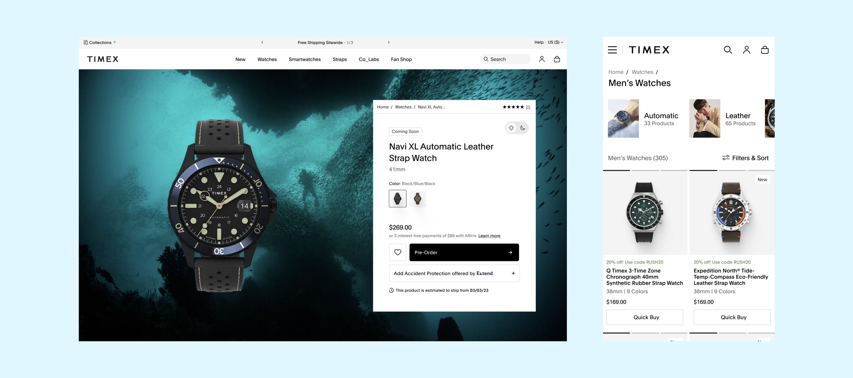 Two screenshots of the Timex site, include a desktop screenshot of a PDP and a mobile screenshot of the PLP.
