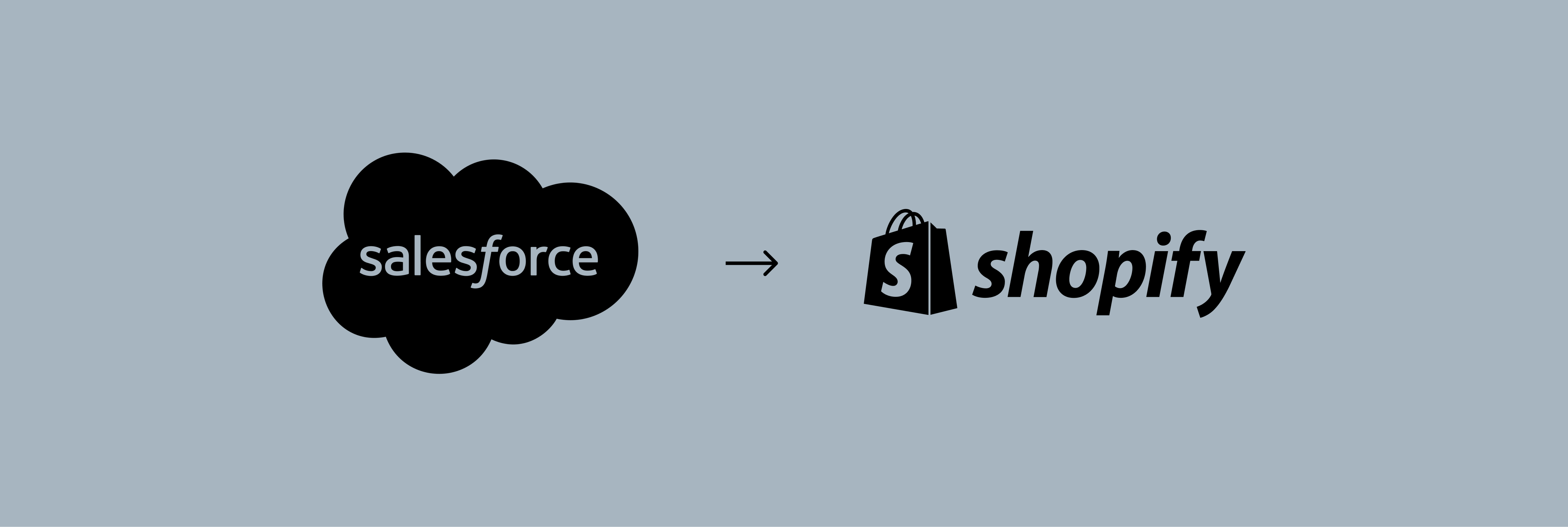Salesforce logo with arrow pointing to Shopify logo, on a blue background