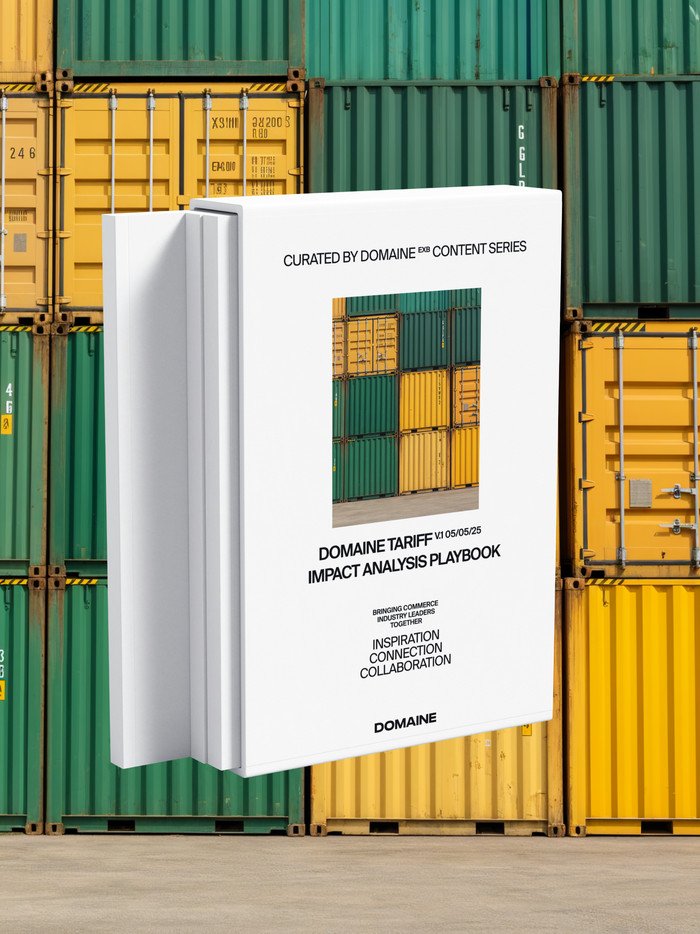 Cover of tariff playbook on background of shipping containers
