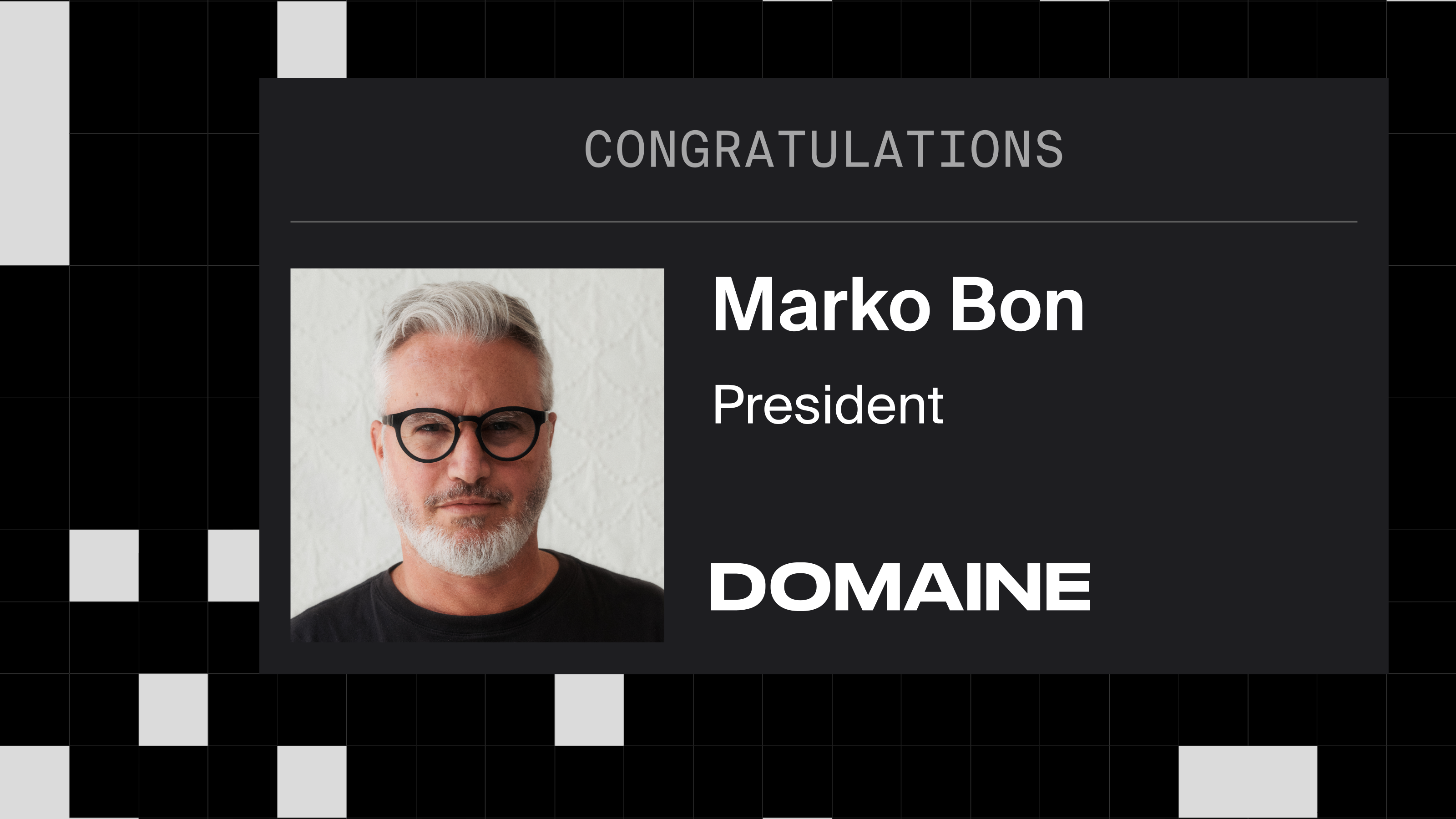 Graphic with the text "Congratulations Marko Bon - President, Someone" on a black and grey abstract background