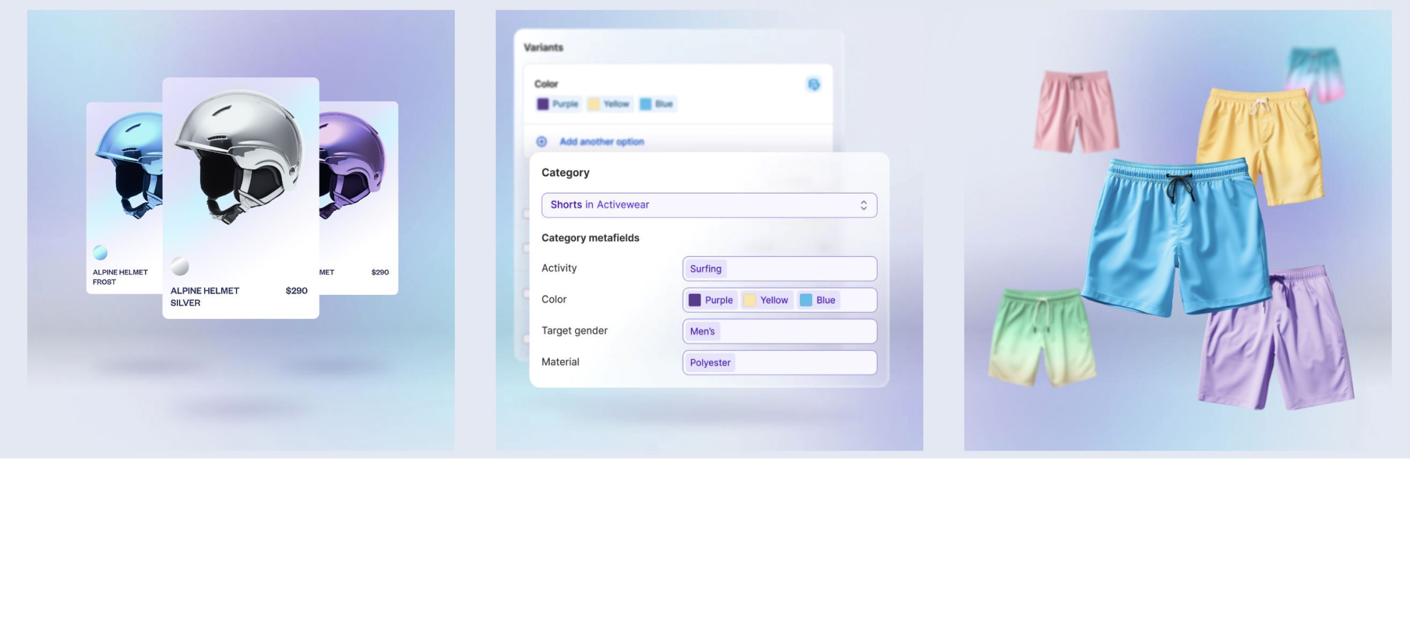 Screenshots of various new Shopify features announced via Shopify Editions