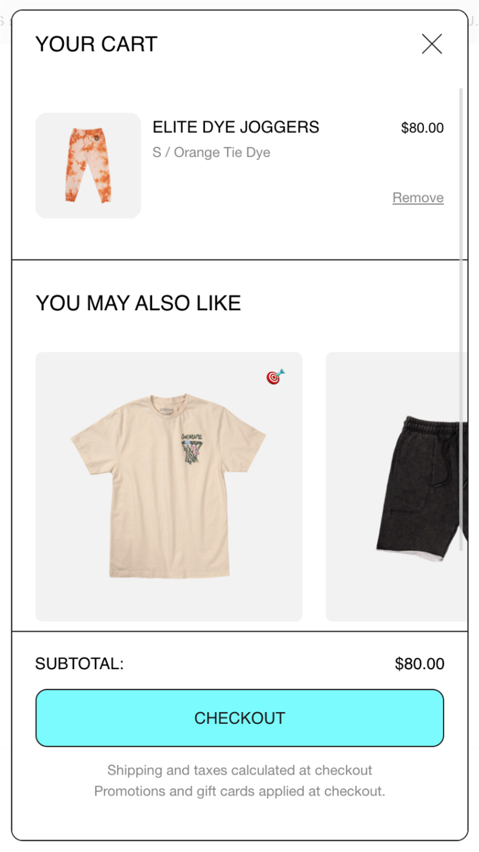 Mobile screenshot of Overtime's shopping cart upsells