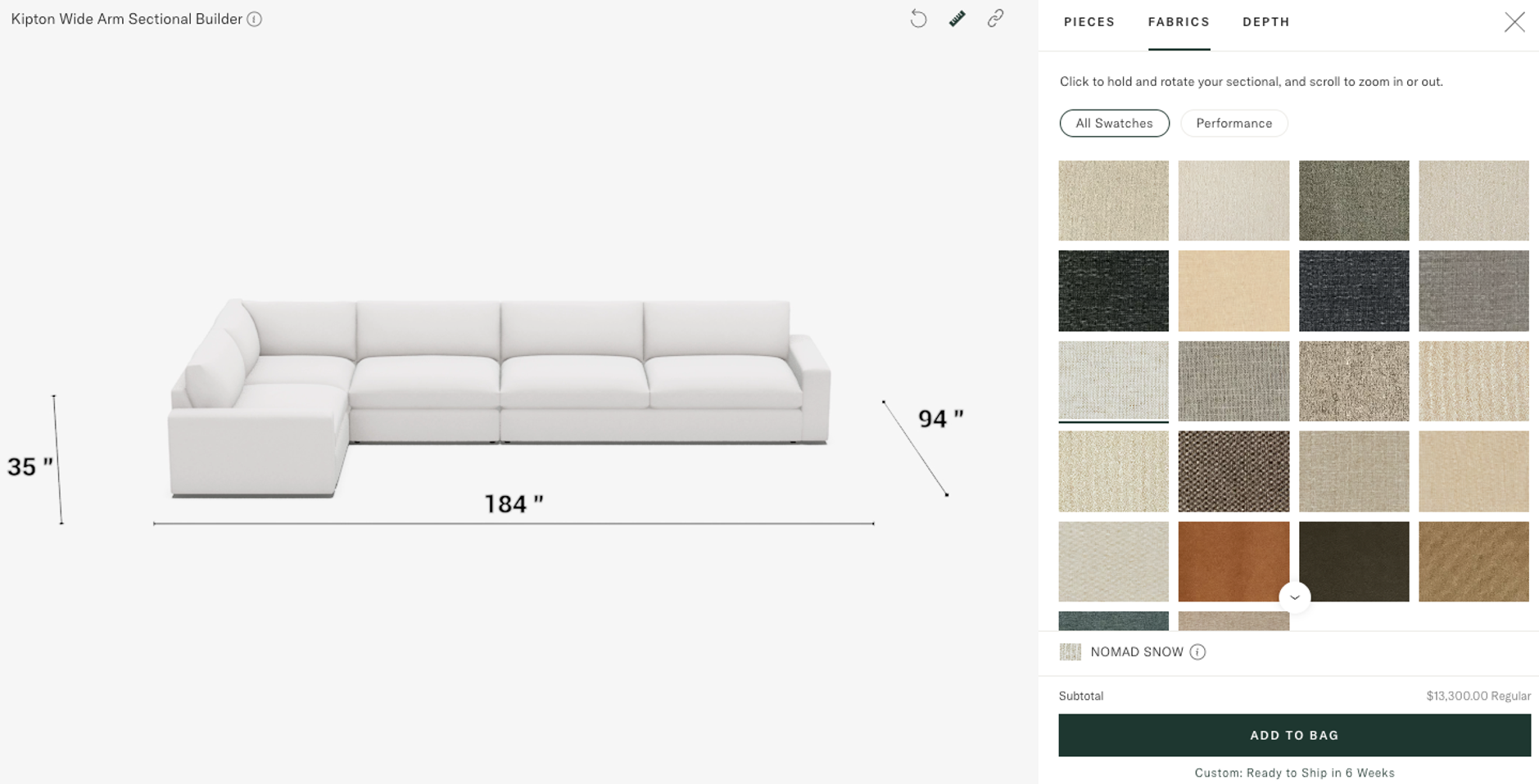 Sectional builder showcasing fabric swatches 