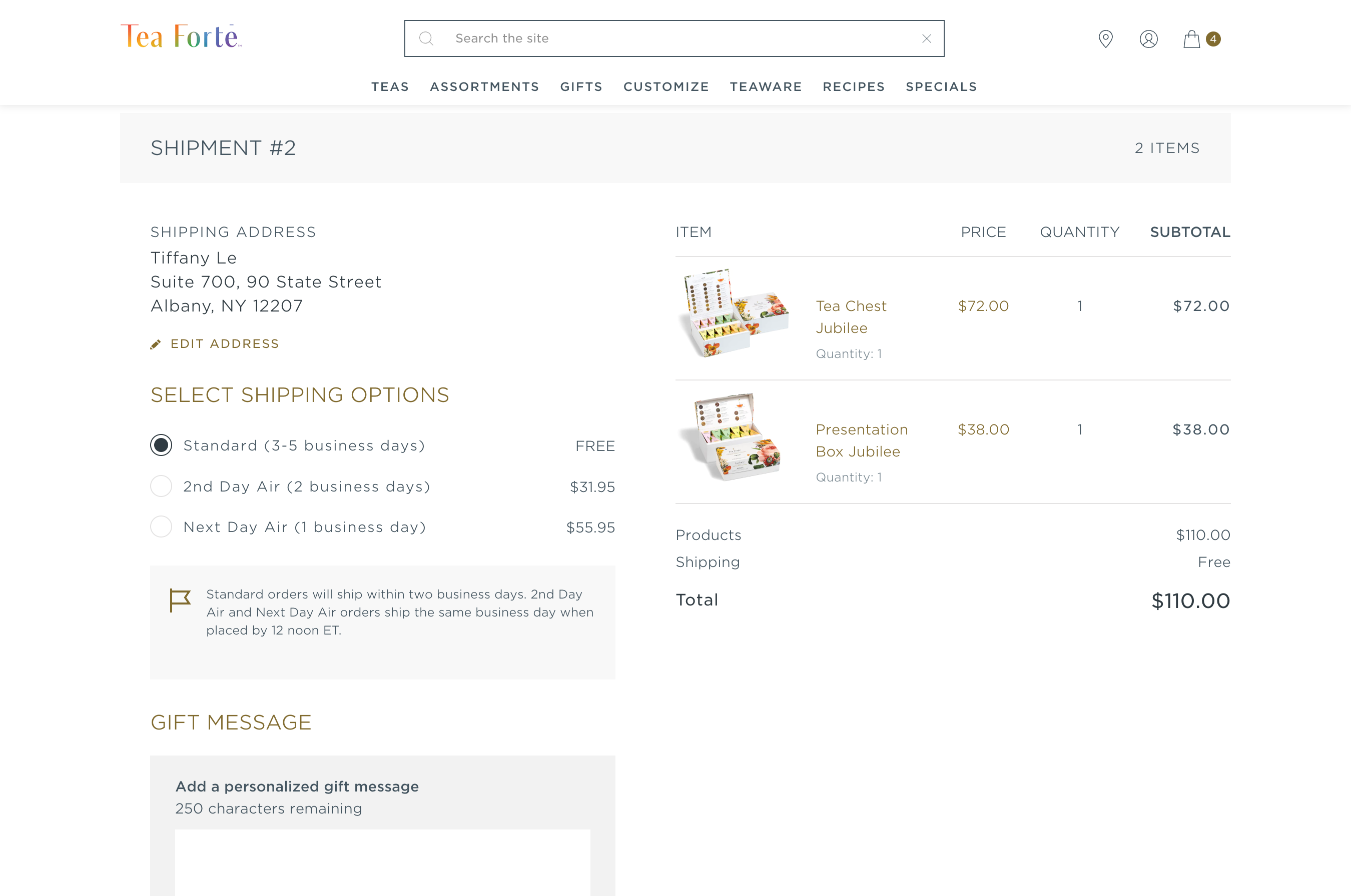 teaforte final cart and checkout view