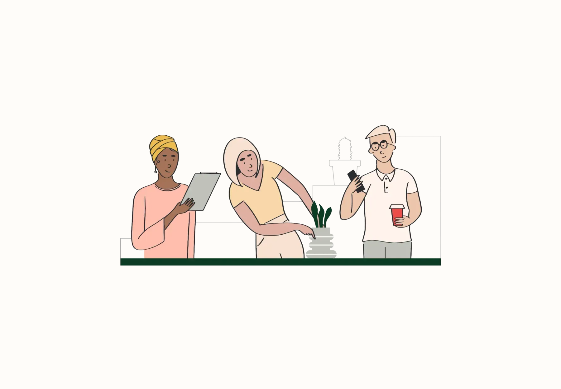 Drawing showing diverse people working