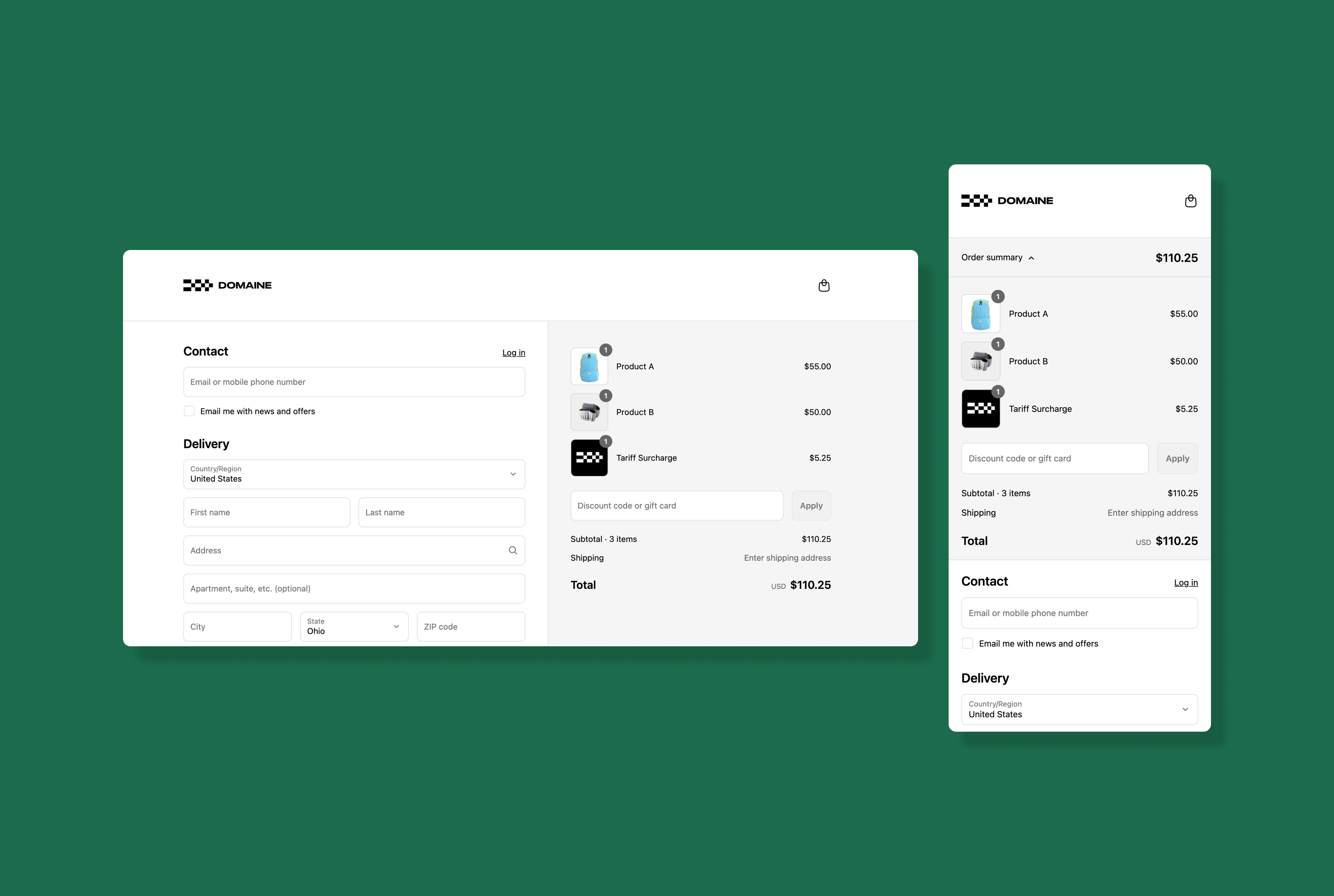 Desktop and mobile screenshot of checkout tariff solution