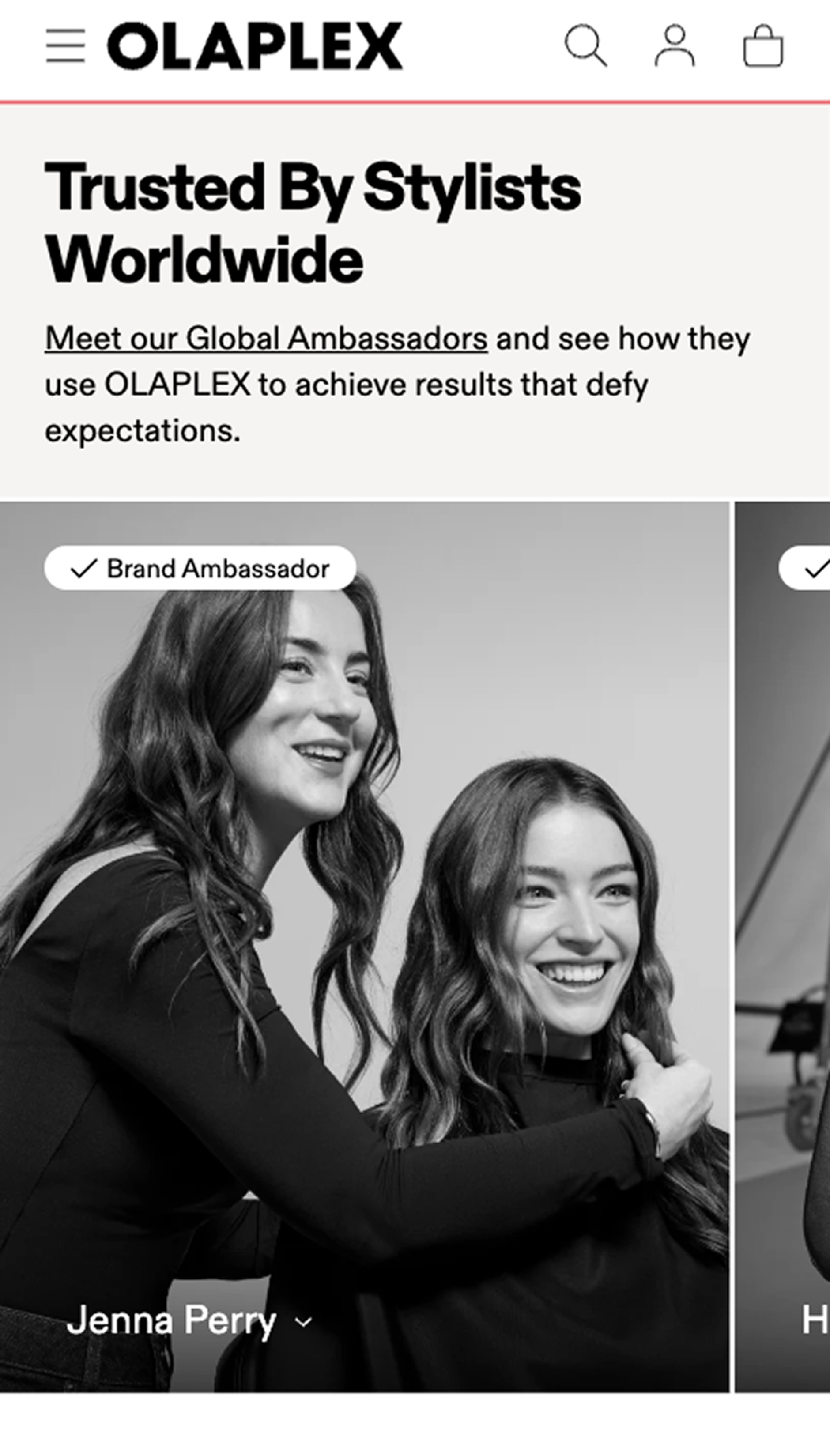 Screenshot of Olaplex Mobile Site Brand Ambassadors Section