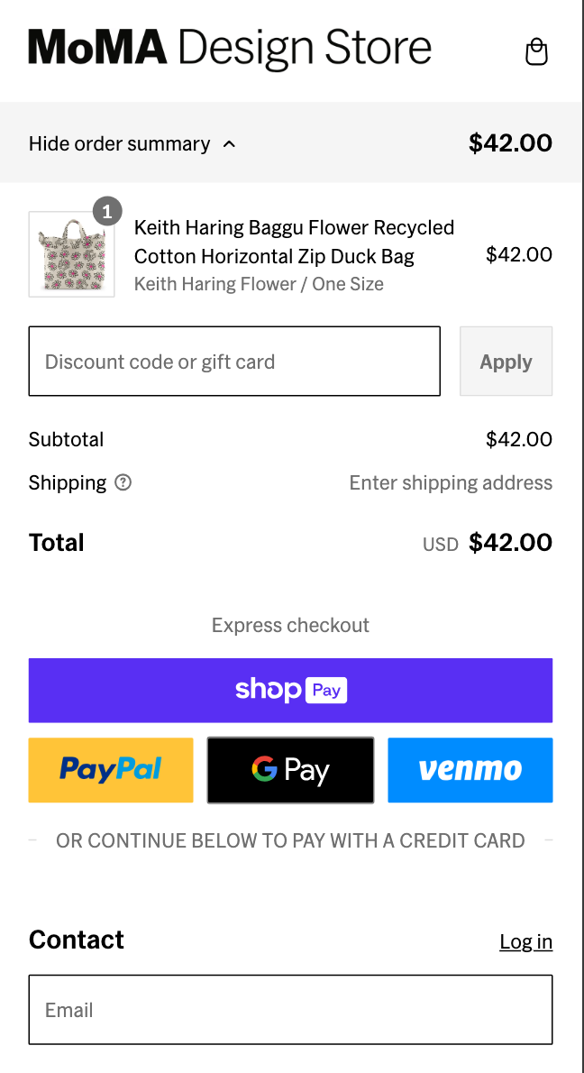 Mobile screenshot of MoMA's checkout