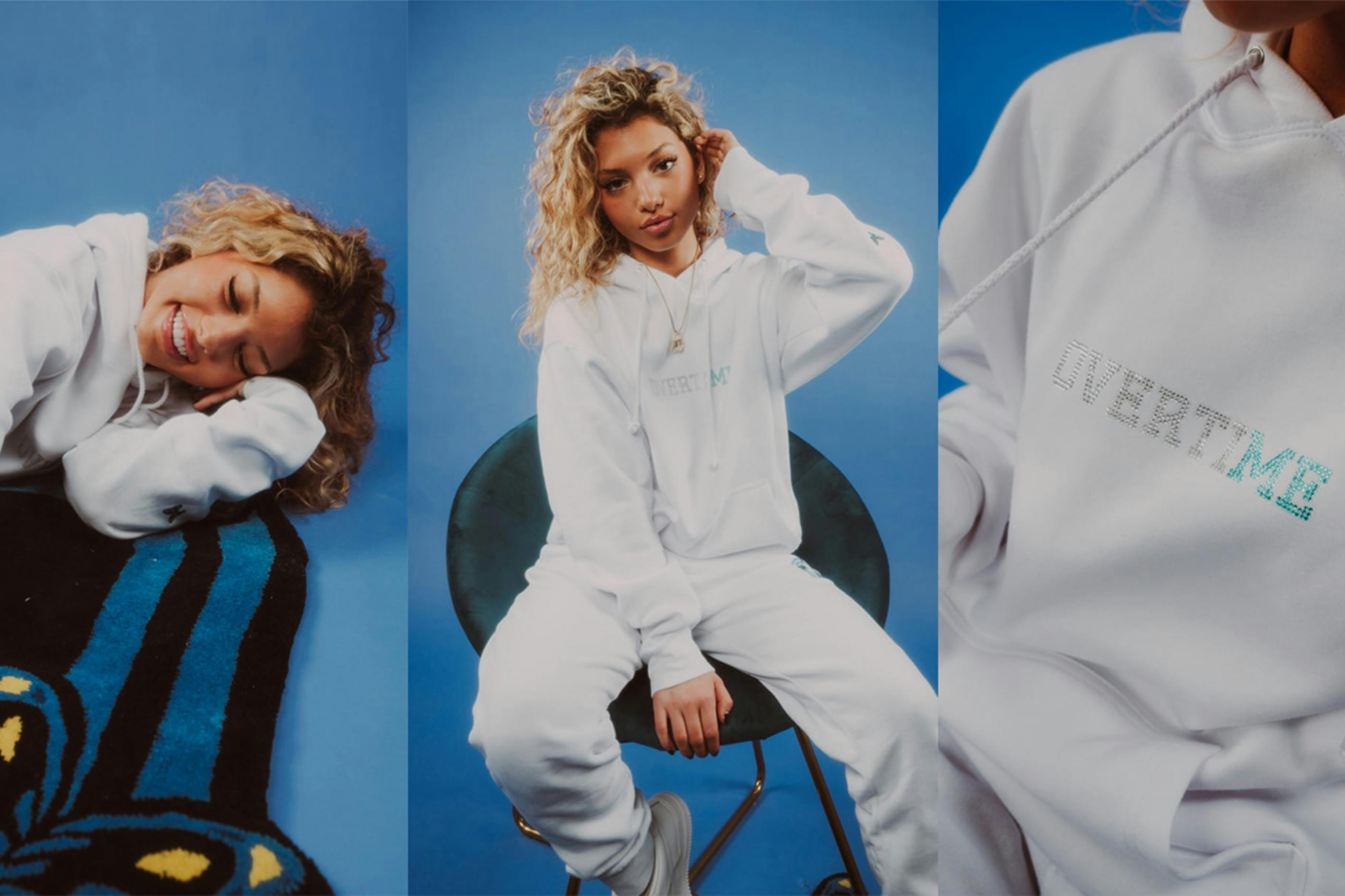 Girl sitting on a chair wearing Overtime sweatsuit