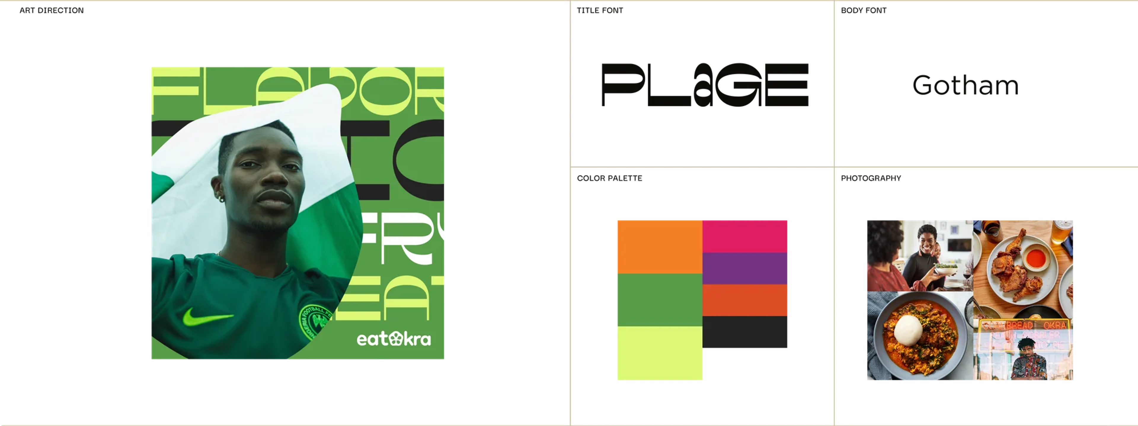 A photo of EatOkra's visual identity suite, including a sample social media graphic, primary fonts, color palette, and photography.