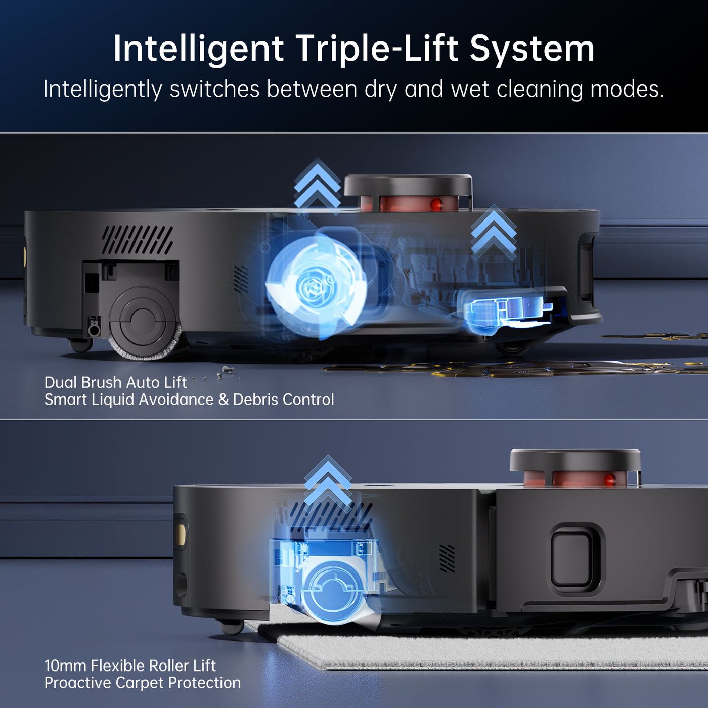 A JONR diagram of the X9 Pro's Triple Auto-Lift system raising the roller by 10 mm when it detects carpet.