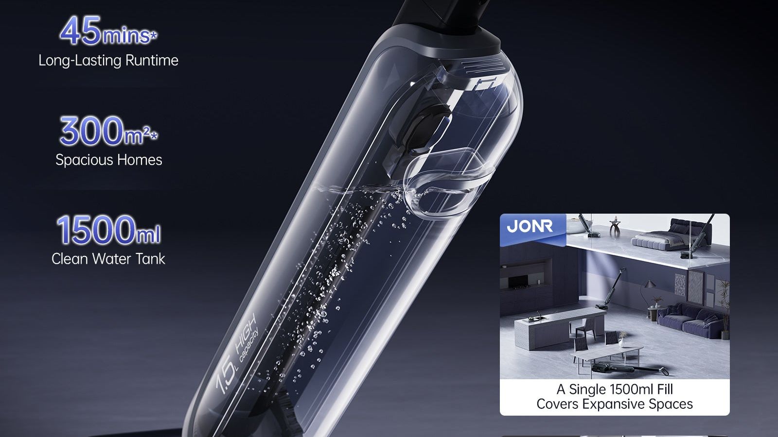 A JONR diagram of the H2 Pro's 1500 ml clean water tank, rated to cover 300 square metres on a single fill.