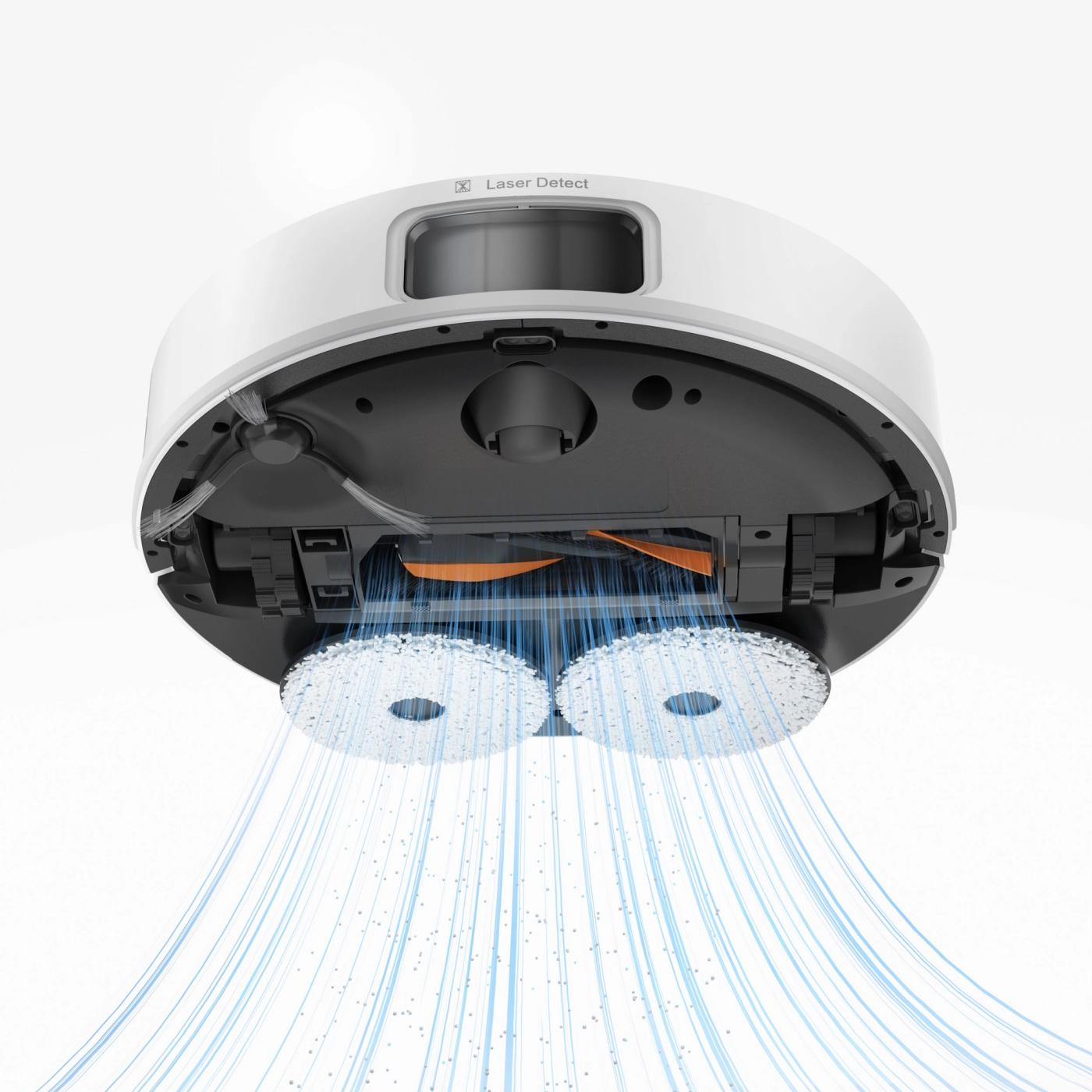 The underside of the JONR T5 Pro Gen 2 robot vacuum with its dual rotating mops and water spray jets.