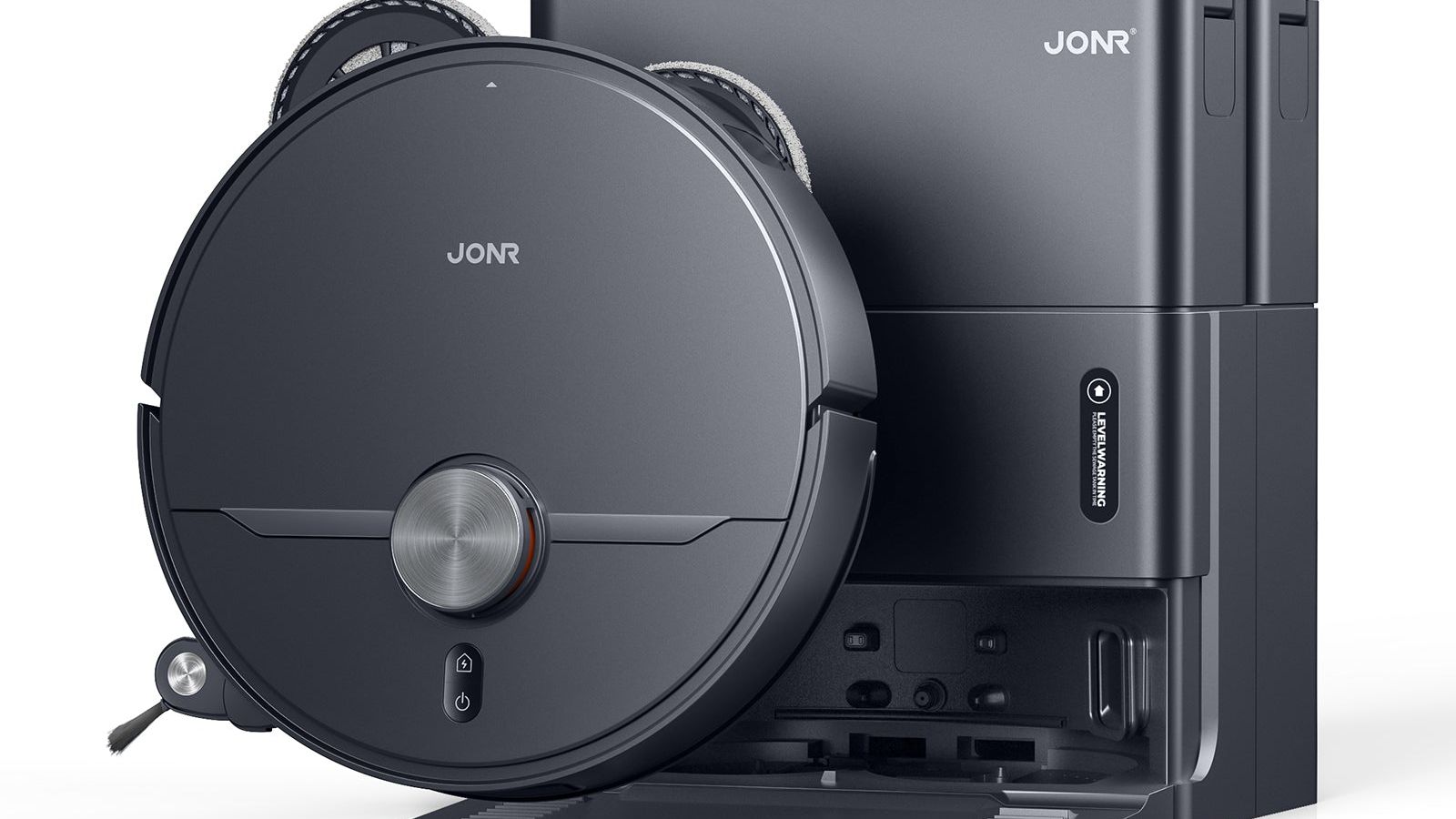 The JONR X1 Max robot vacuum docked in its self-emptying base station.