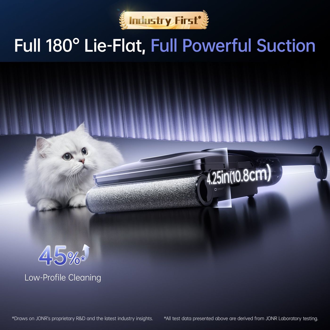 A JONR diagram of the H2 Pro's 180 degree lie-flat design reaching under low furniture, with a white cat resting nearby.