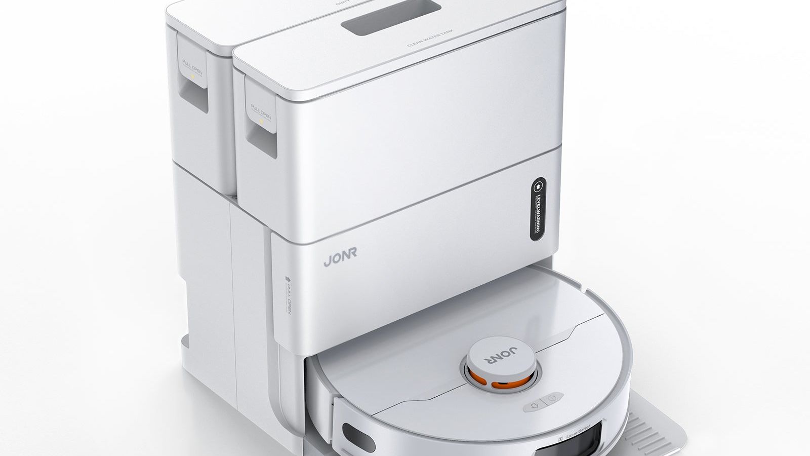 The JONR T5 Pro Gen 2 robot vacuum parked at its self-emptying dock on a clean floor.
