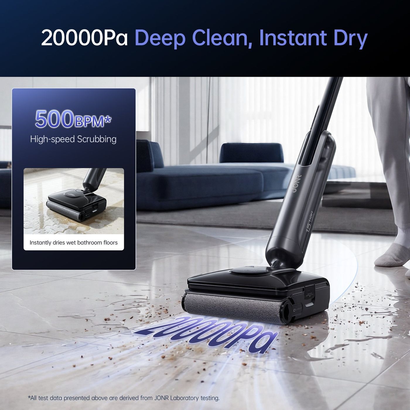The JONR H2 Pro washing a hard floor, illustrating its 20,000 Pa suction lifting water and dirt in one pass.