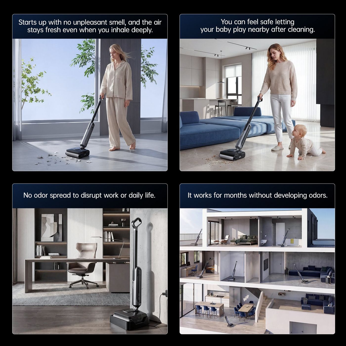 Four scenes of the JONR H2 Pro cordless wet and dry vacuum being used around a home, including near a child and a pet.