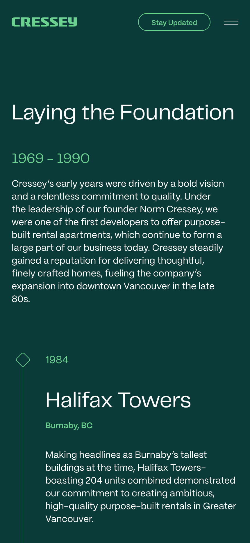 Cressey company history timeline on mobile