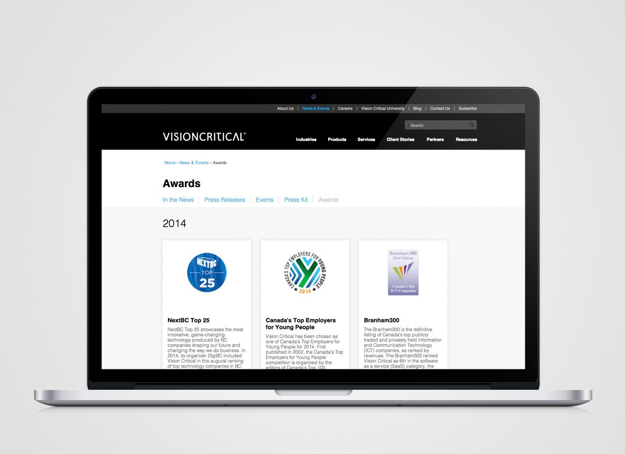 Vision Critical Website Awards Page