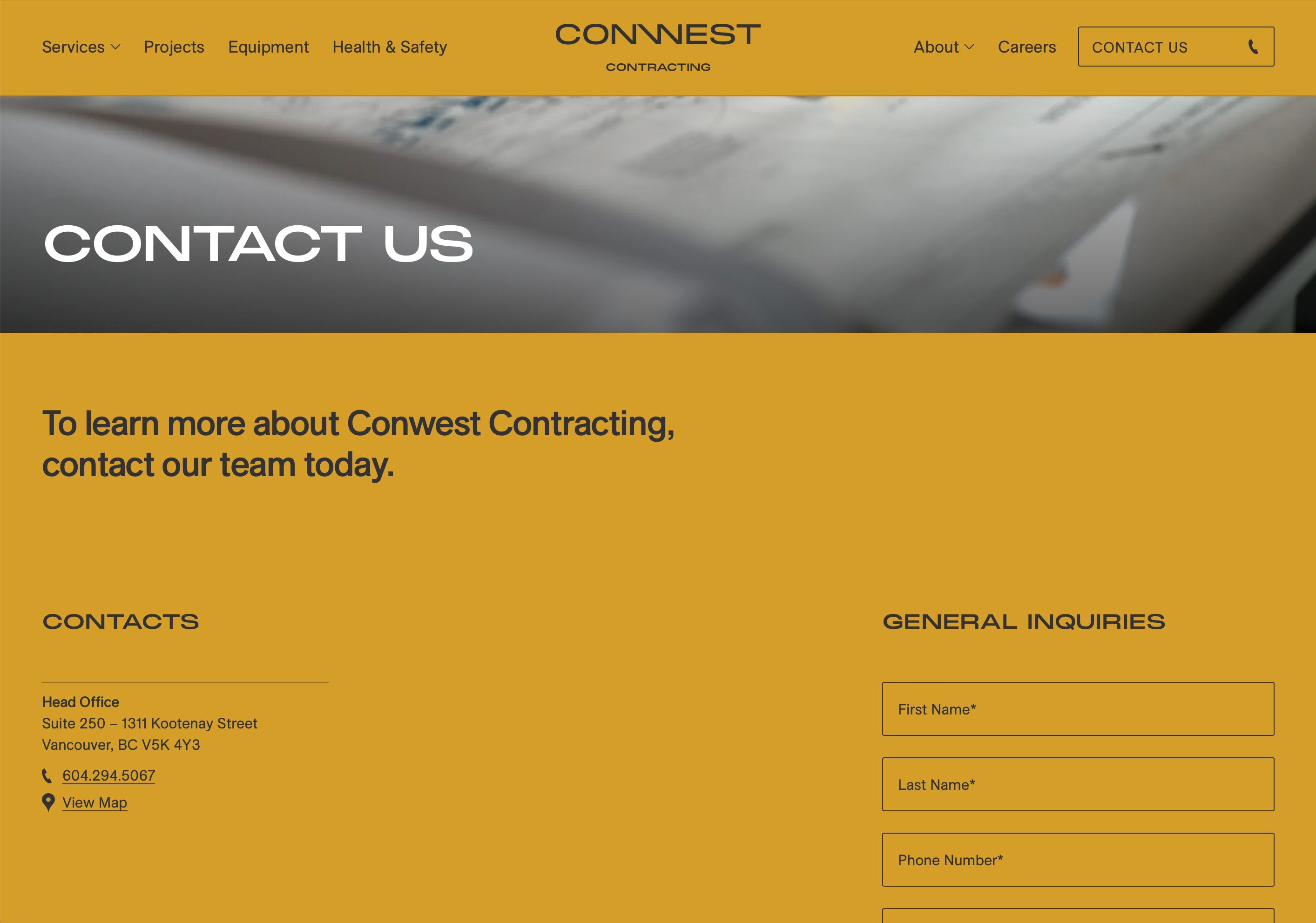 Conwest Contracting website, contact page