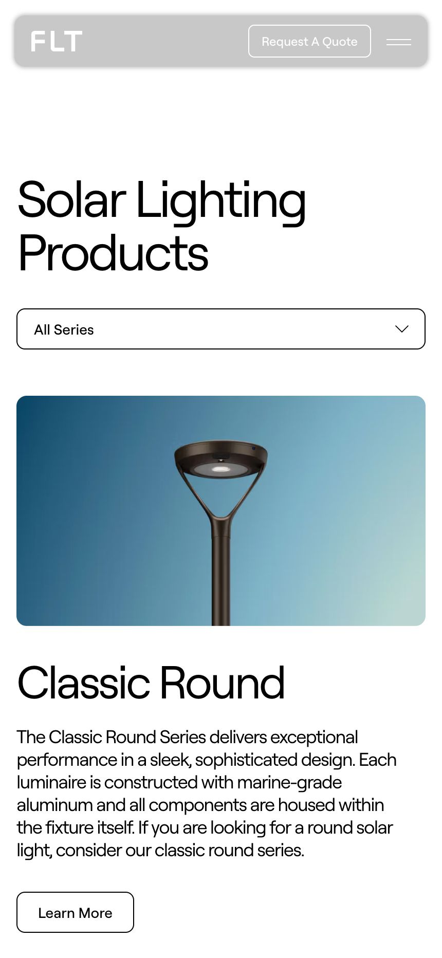 FLT Solar light product web page on mobile device
