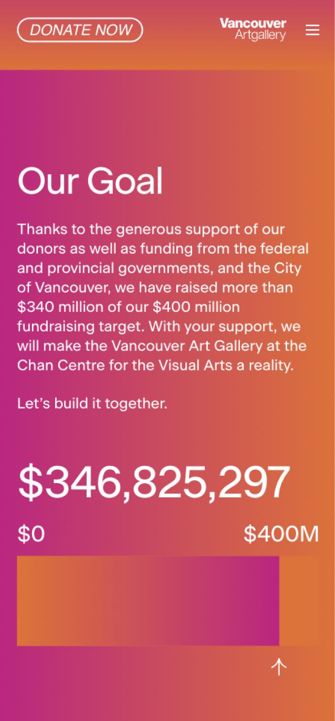 Goal page, mobile view. Vancouver Art Gallery campaign website.
