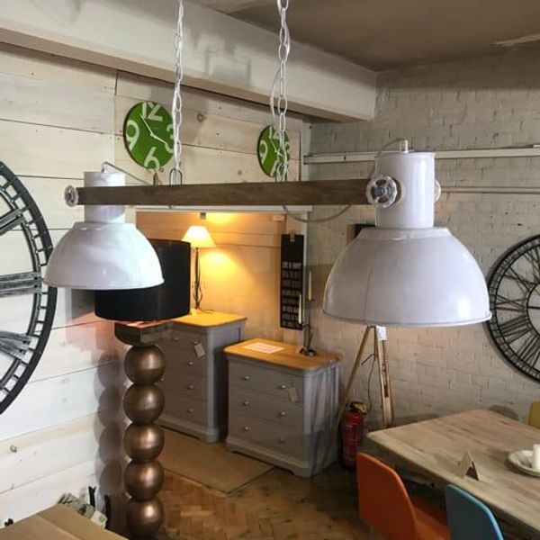 Wood/White Metal Double Hanging Lamp
