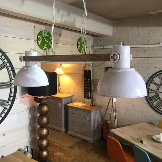 Wood/White Metal Double Hanging Lamp
