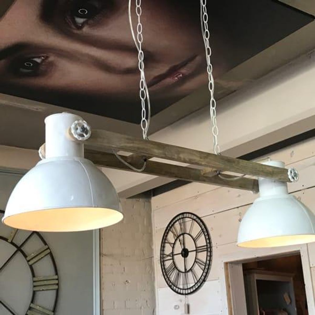 Wood/White Metal Double Hanging Lamp