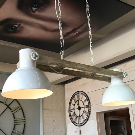 Wood/White Metal Double Hanging Lamp