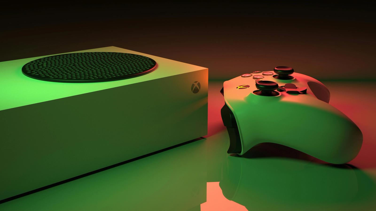 Xbox Series S console alongside an Xbox controller, lit in green and red