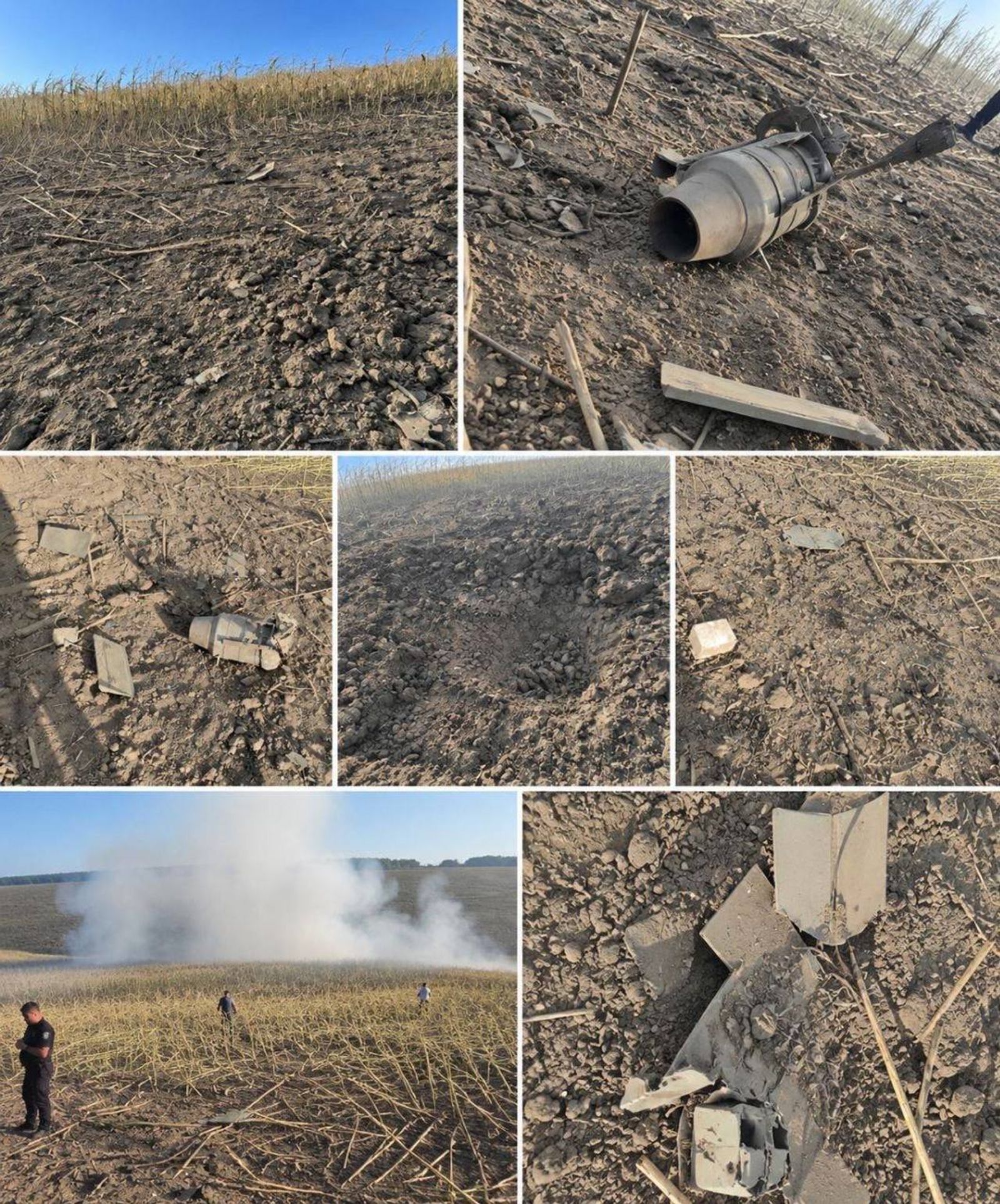 Several photographs of individuals standing in a field of crops around a small crater; machine parts