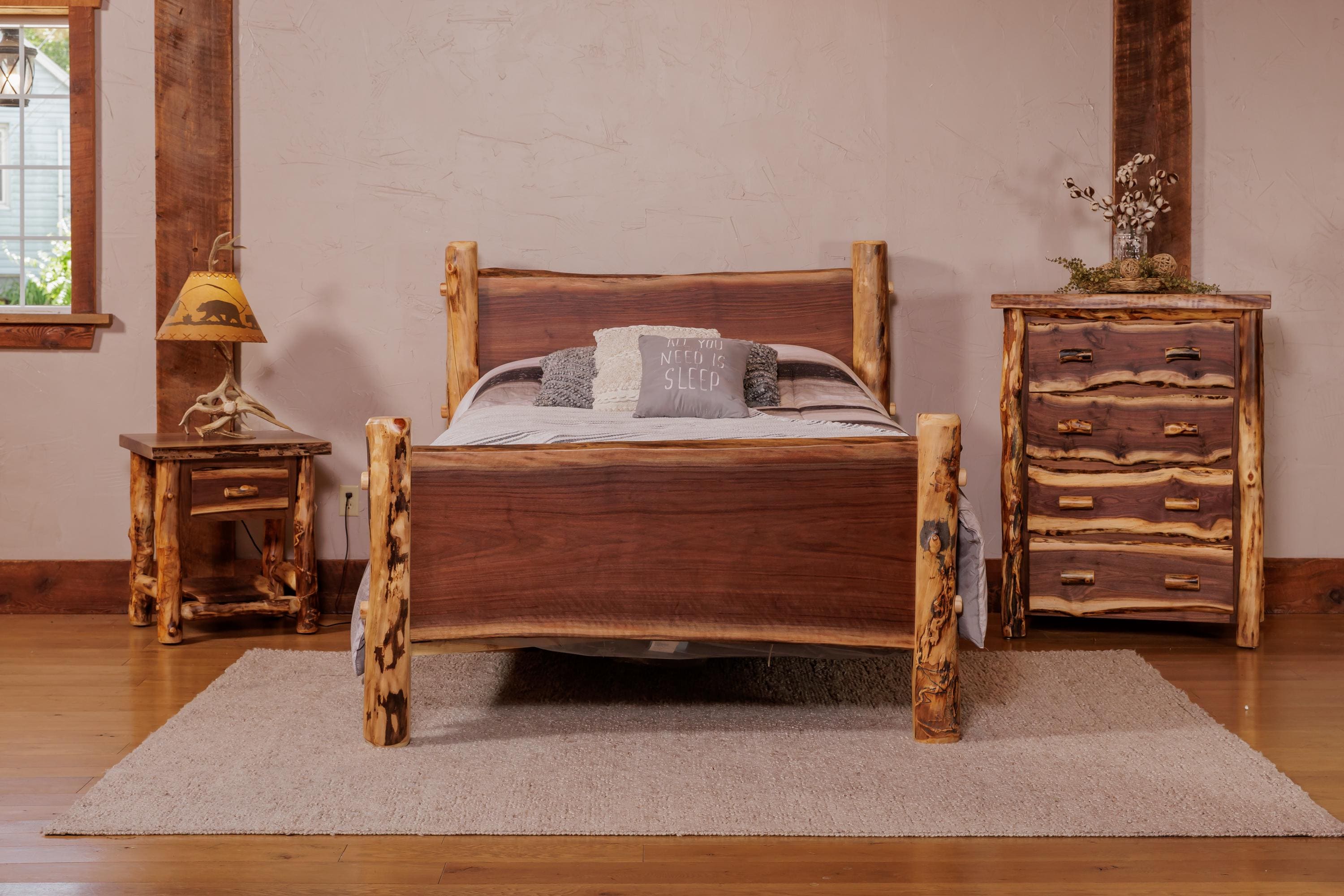 Live edge walnut log bed rustic log beds