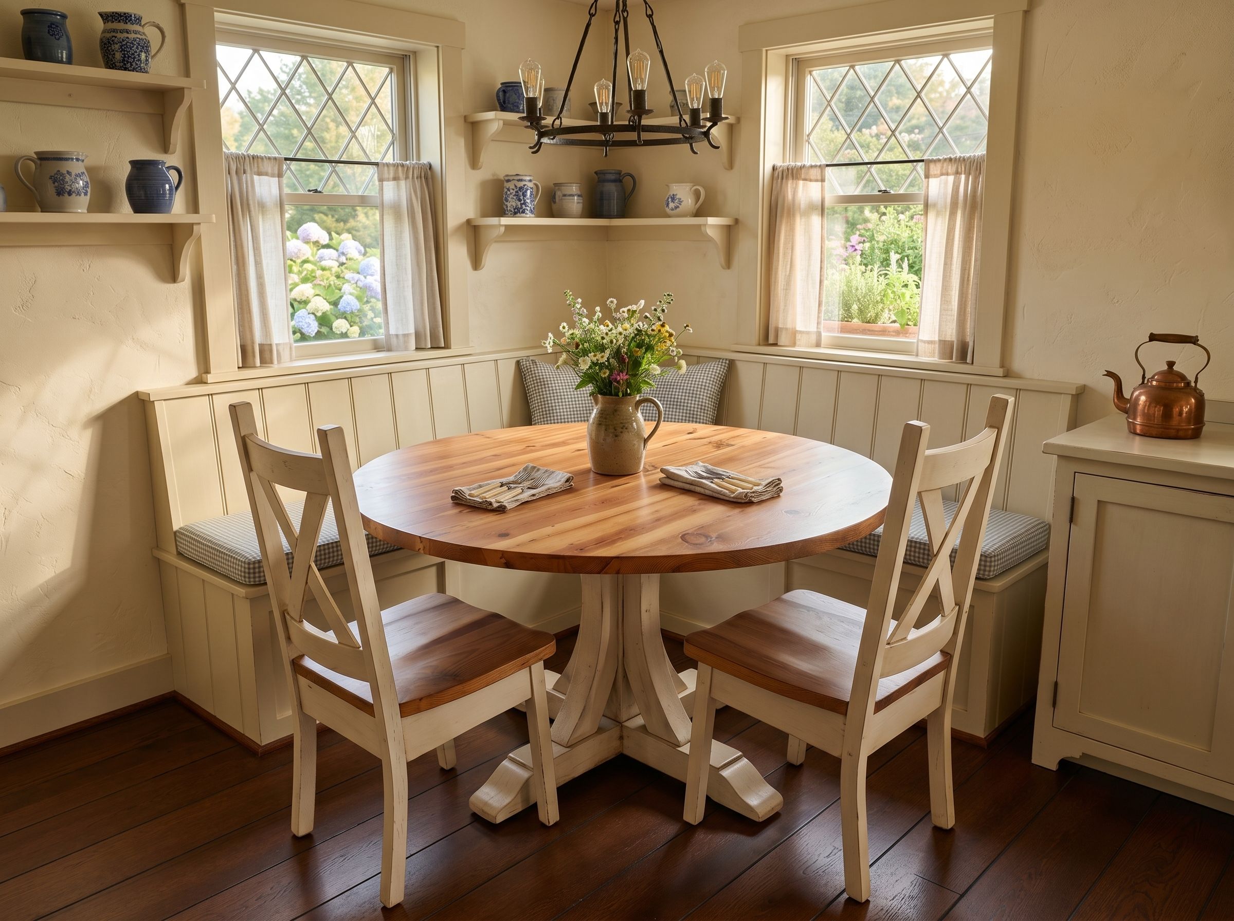Reclaimed barnwood dining table with white cross-back chairs and a wooden hutch, in a bright Lancaster County dining room