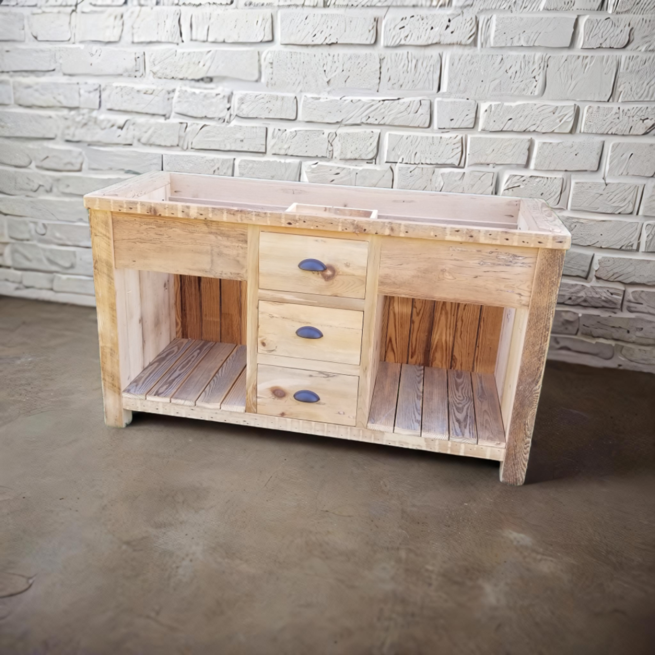 60 inch pine post with center drawers