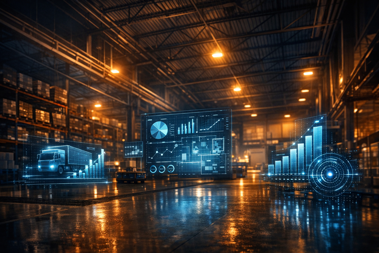 Futuristic AI-powered warehouse with holographic data overlays, deep blues and warm ambers