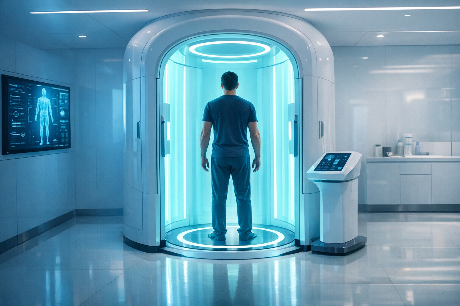 A glowing full-body scanner in a minimalist white clinic with soft blue and teal light, evoking futuristic preventive health screening