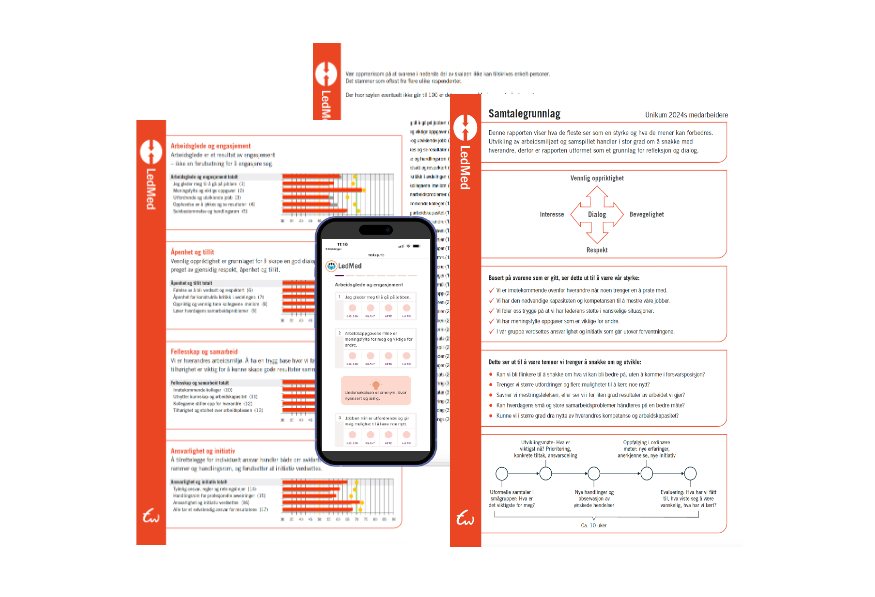 Eksempler på rapporter og bilde av en telefon med spørreundersøkelsen