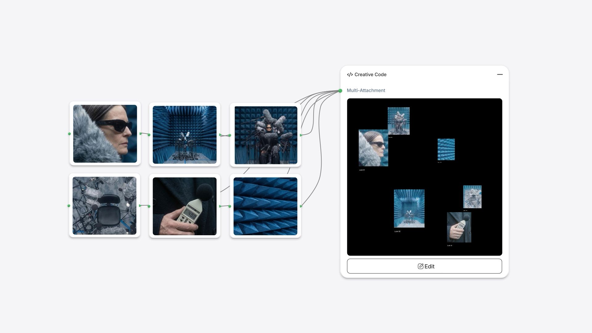 UI imagery showing six different views of a blue anechoic chamber looped into a spinning carousel
