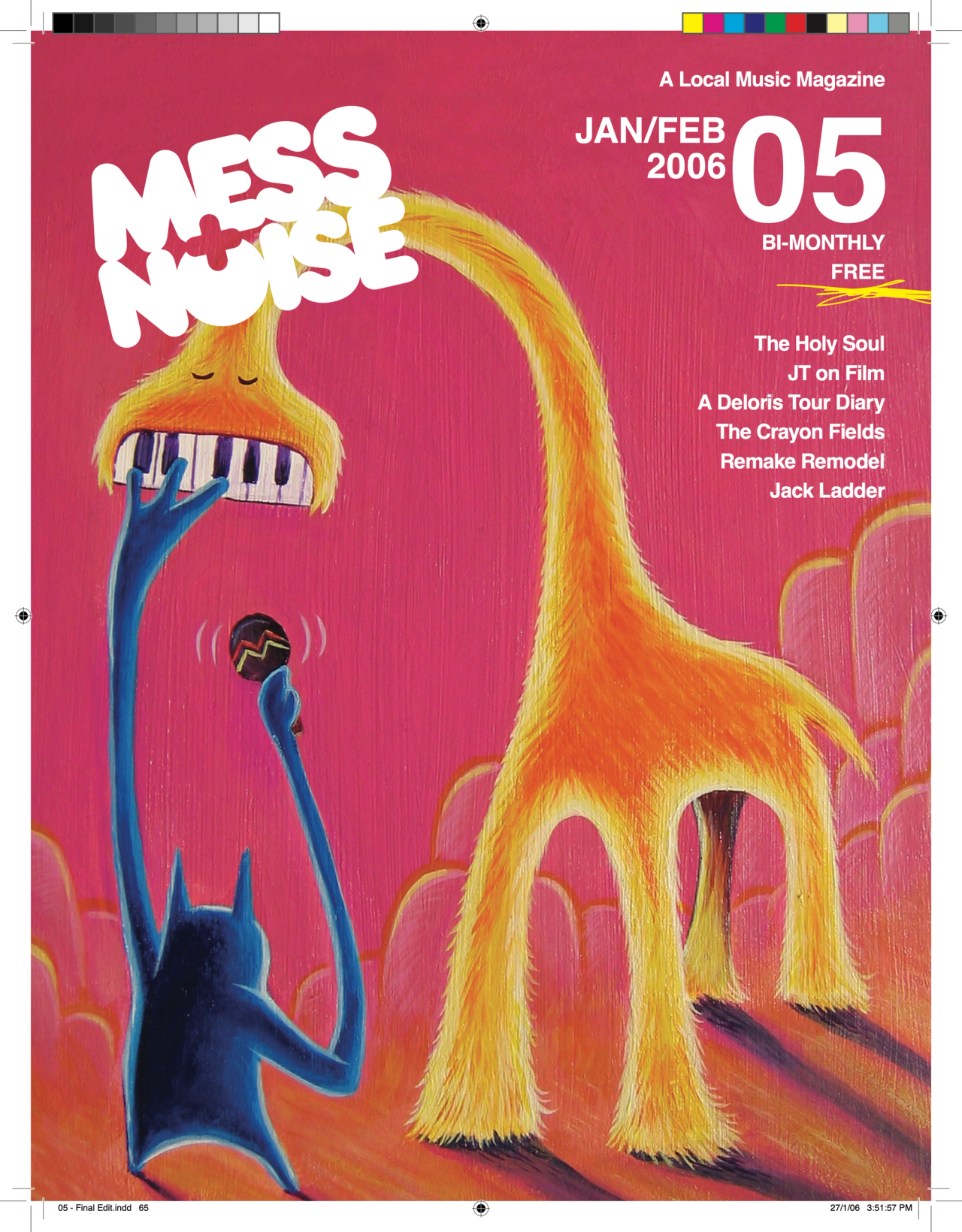 Mess+Noise magazine issue 05 cover, Jan/Feb 2006: illustration of a long-necked yellow creature and a blue cat on pink