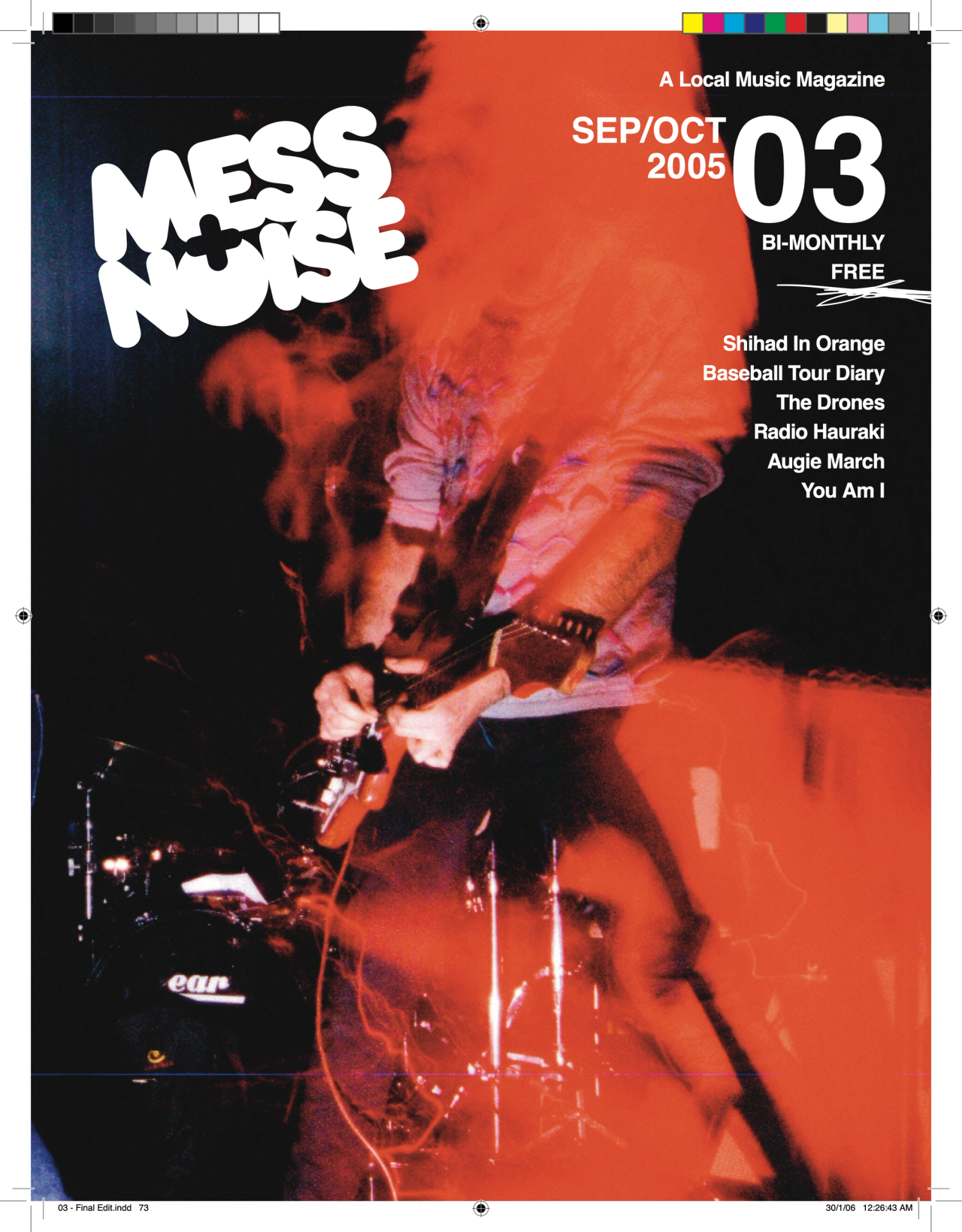 Mess+Noise magazine issue 03 cover, Sep/Oct 2005: blurred live photograph of a performer under red stage light