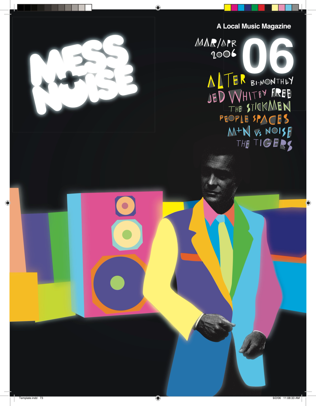 Mess+Noise magazine issue 06 cover, Mar/Apr 2006: collage of a figure in a bright patchwork suit beside stacked speakers
